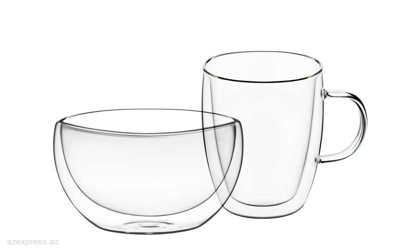 Набор для завтрака Ardesto double wall borosilicate glass mug 270 ml and bowl 500 ml wood (AR2650BG)  Bakıda